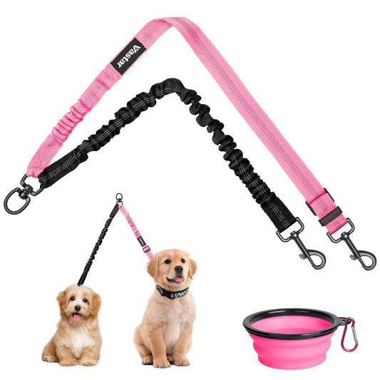Vastar Twin Control Heavy Duty Dual Dog Leash (Black+Pink)