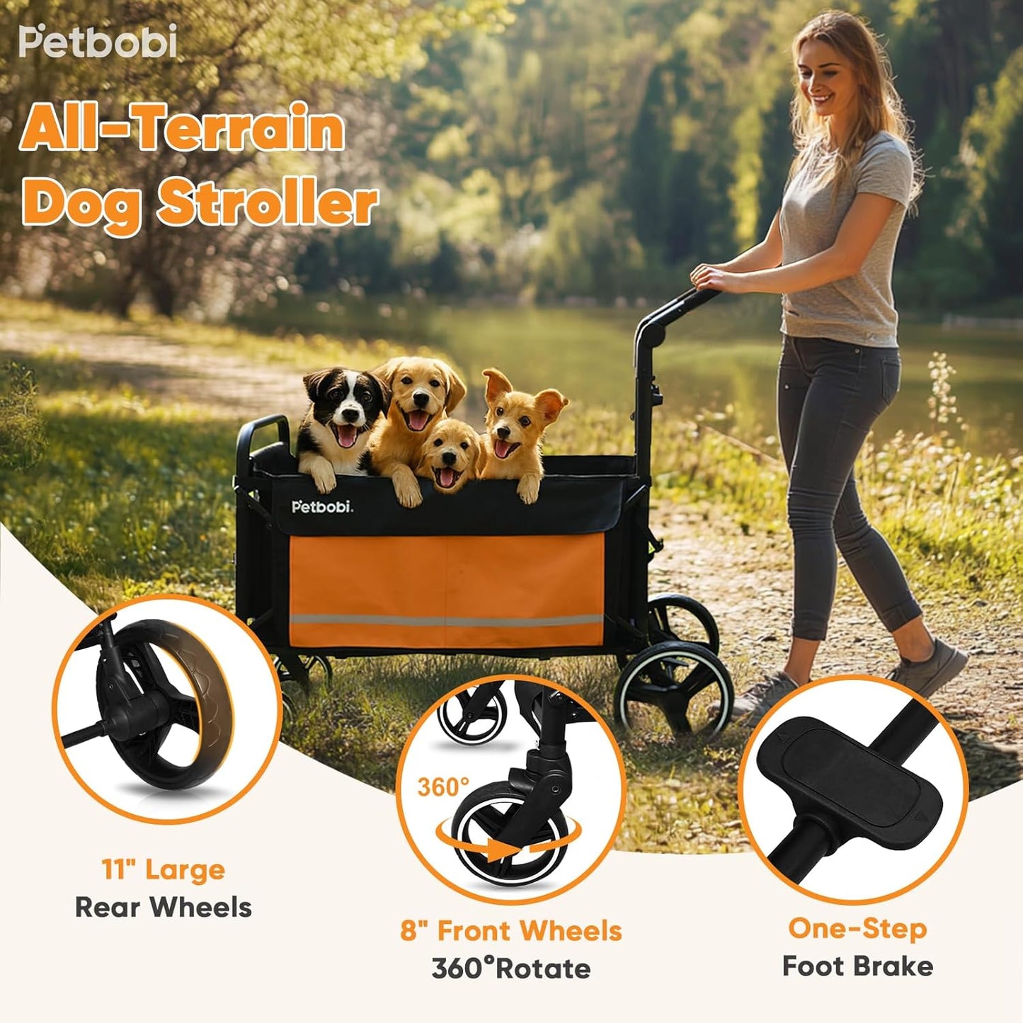 Ultimate 2-in-1 Dog Wagon Stroller for Large & Medium Dogs - Foldable All-Terrain Cart with Ramp & One-Step Brake for Outdoor Adventures - Vibrant Orange