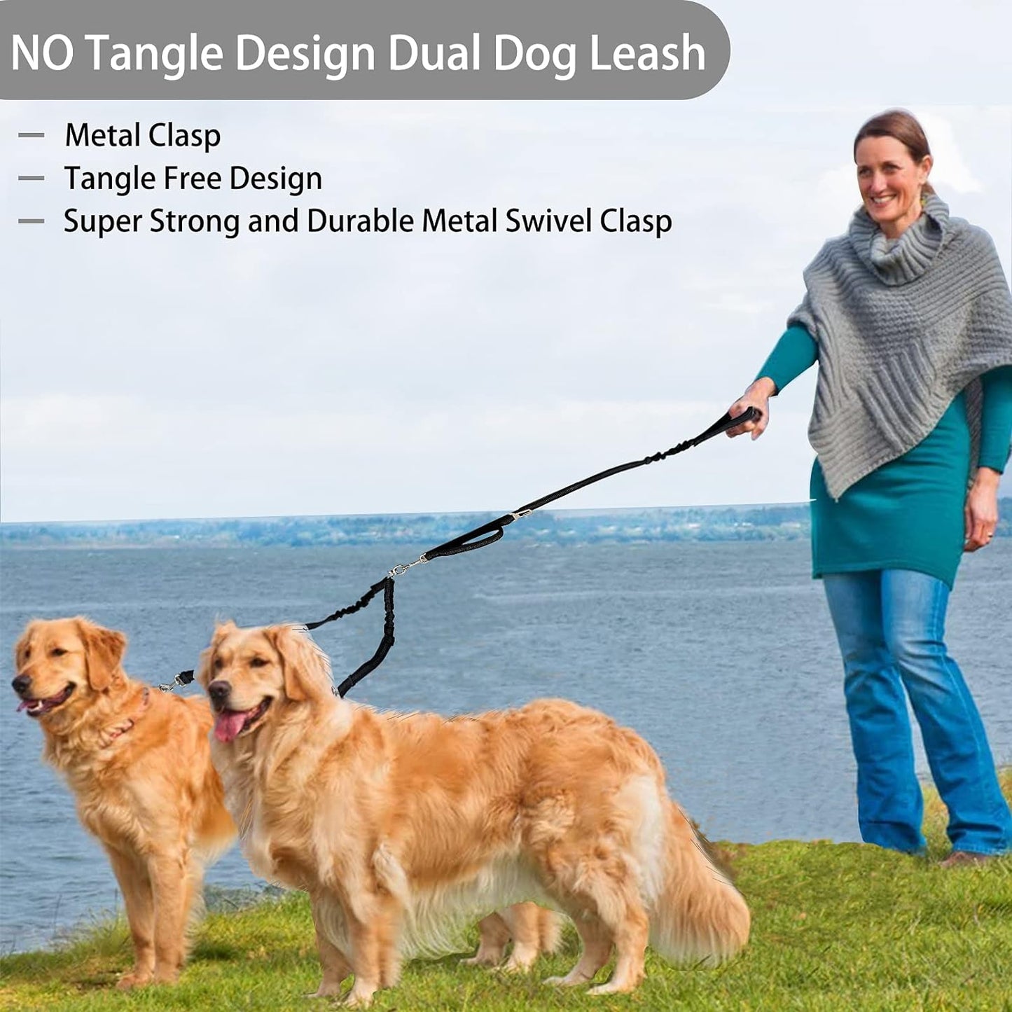 Ultimate Double Dog Leash - Tangle-Free 360° Dual Leash for Small to Large Dogs - Adjustable, Comfortable, and Safe in Black