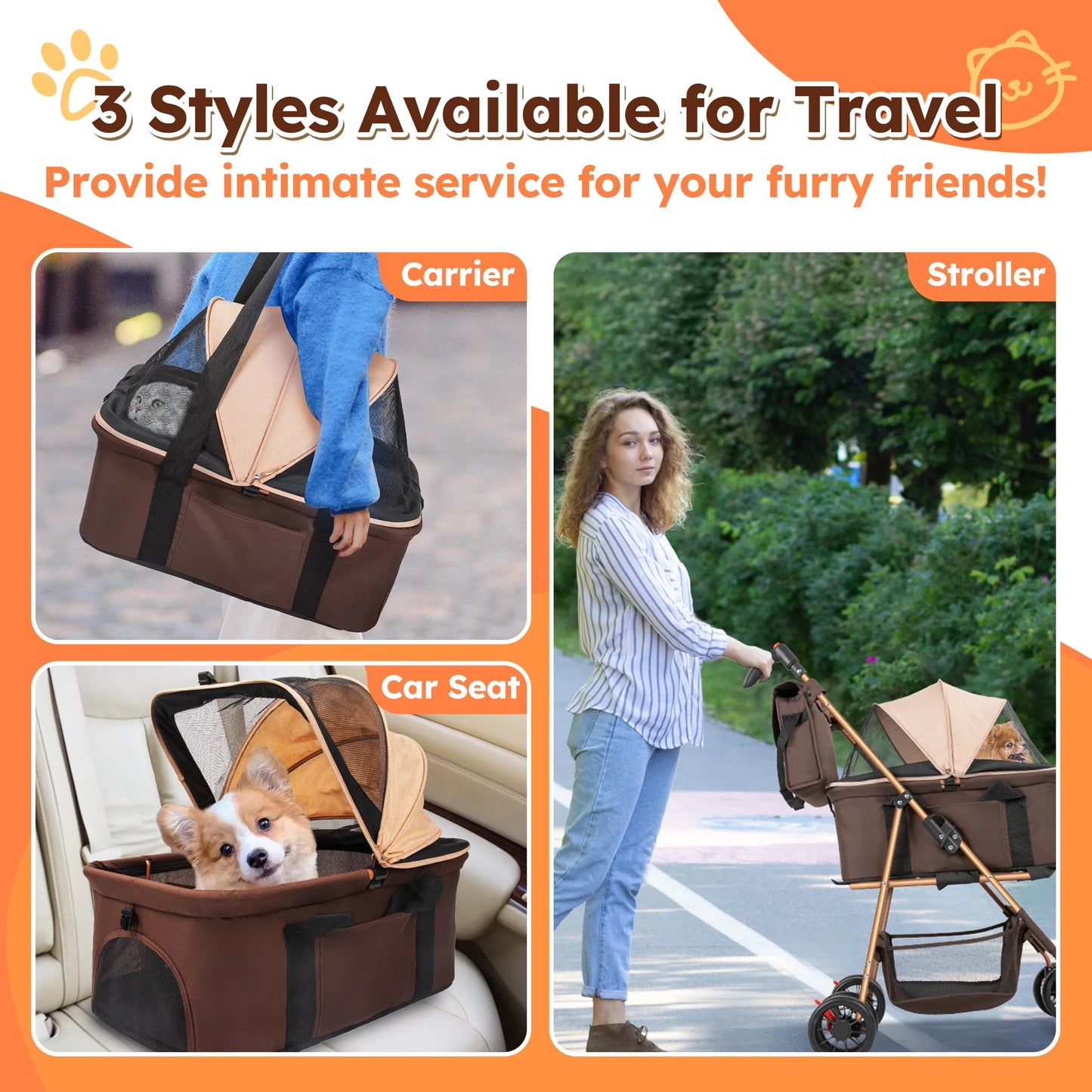 Discover the Ultimate 3-in-1 Foldable Pet Stroller: Waterproof Carrier for Small to Medium Dogs and Cats - Stylish Brown Design for Adventures Up to 60lbs!