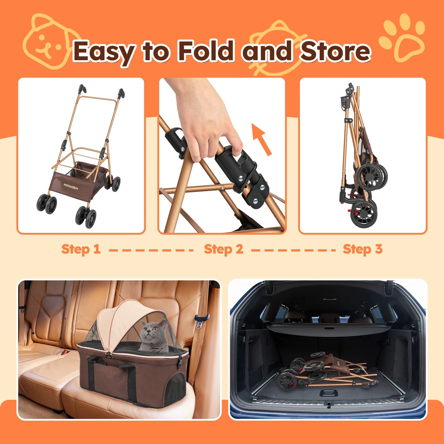 Discover the Ultimate 3-in-1 Foldable Pet Stroller: Waterproof Carrier for Small to Medium Dogs and Cats - Stylish Brown Design for Adventures Up to 60lbs!