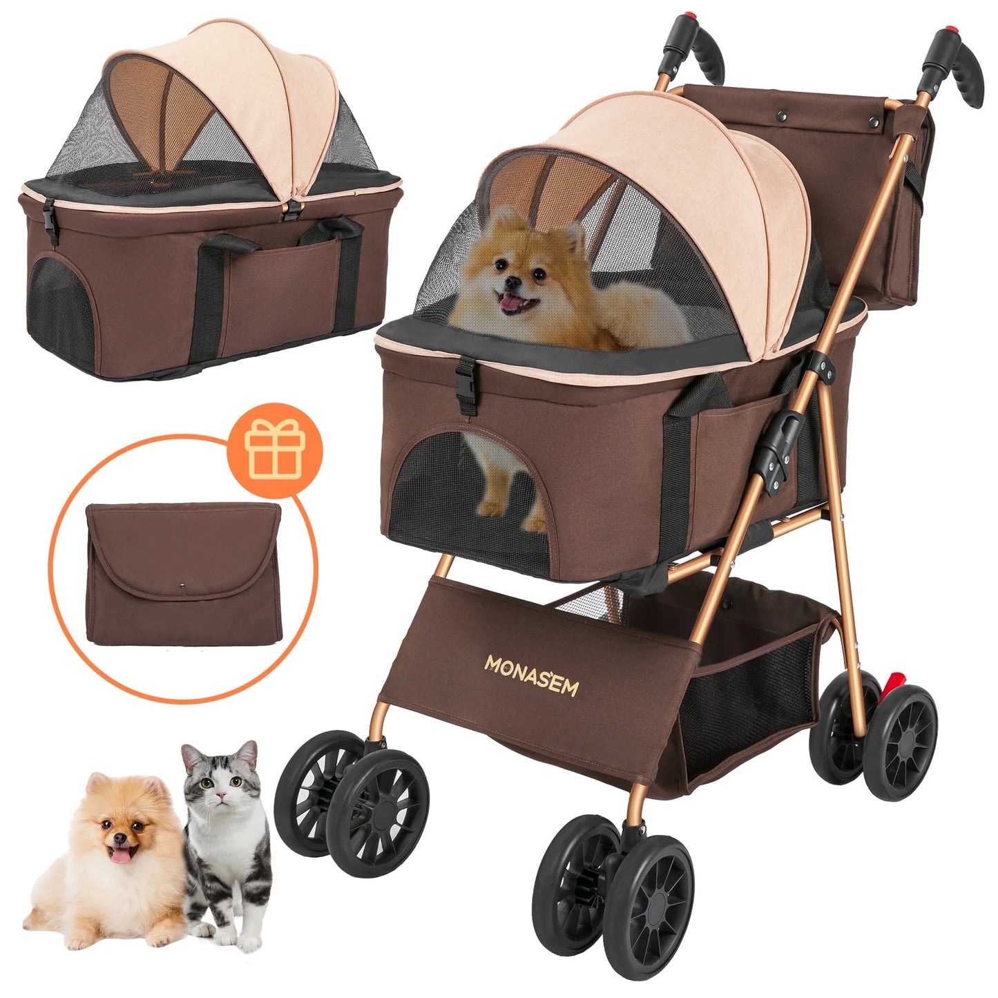 Discover the Ultimate 3-in-1 Foldable Pet Stroller: Waterproof Carrier for Small to Medium Dogs and Cats - Stylish Brown Design for Adventures Up to 60lbs!