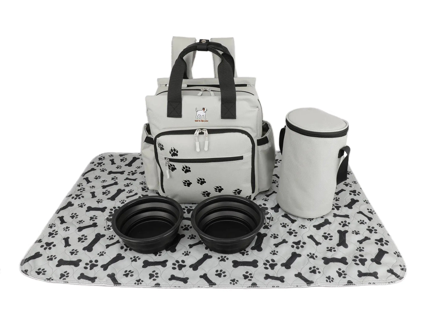 Dog Travel Bag - Dog Backpack Organizer - Pet Travel Kit Airline Compliant - Includes Large Pad Food Canister and Bowls (Gray Paw Prints)