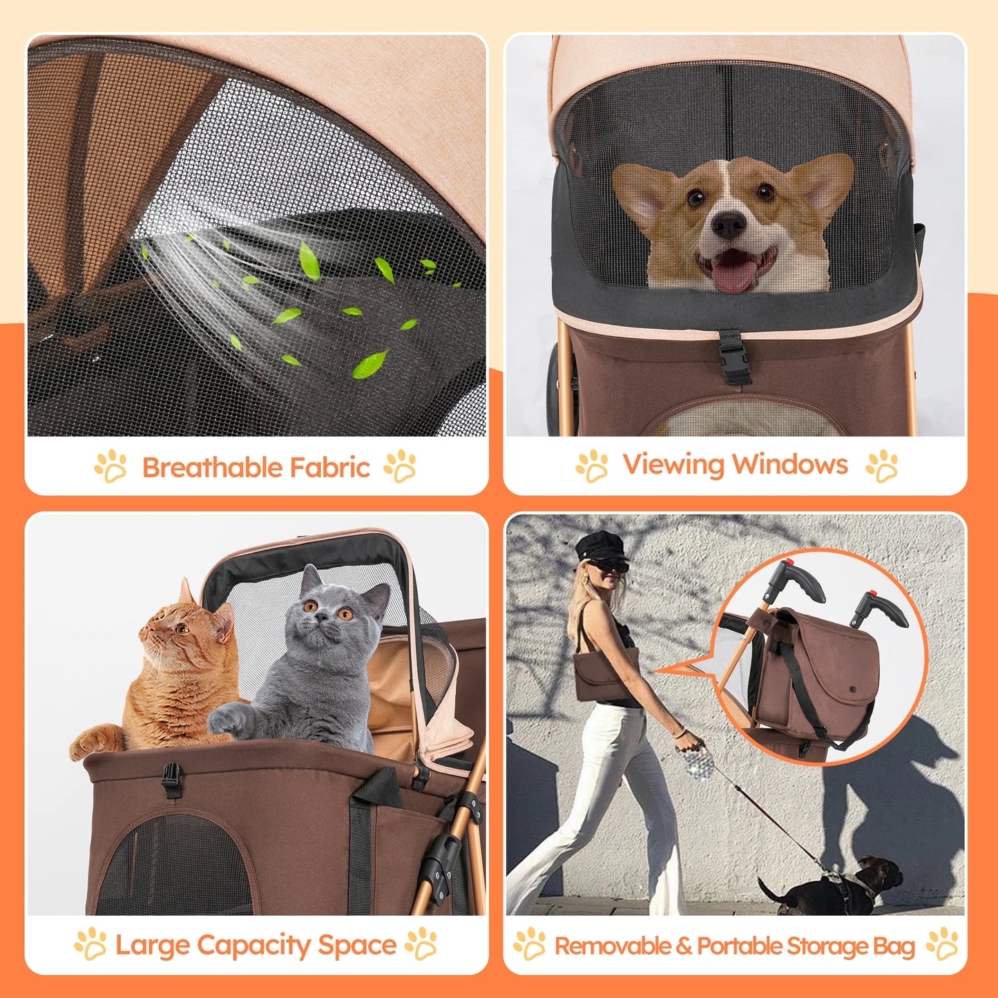 Discover the Ultimate 3-in-1 Foldable Pet Stroller: Waterproof Carrier for Small to Medium Dogs and Cats - Stylish Brown Design for Adventures Up to 60lbs!