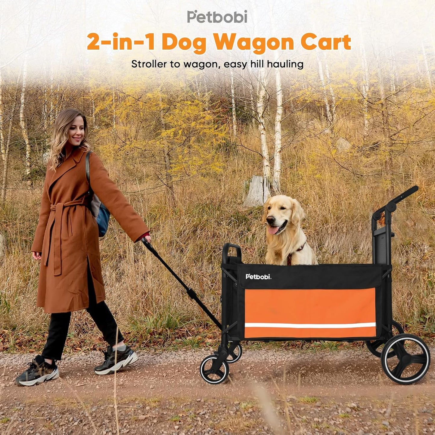 Ultimate 2-in-1 Dog Wagon Stroller for Large & Medium Dogs - Foldable All-Terrain Cart with Ramp & One-Step Brake for Outdoor Adventures - Vibrant Orange