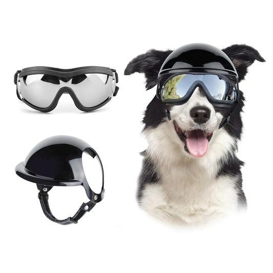 Billionchains Dog Goggles and Dog Helmet Set Anti-dust UV Protection Dog Sunglasses Durable Dog Motorcycle Helmet with Ear Hole Adjustable Pet Glasses and Helmet for Medium to Large Dogs/Black