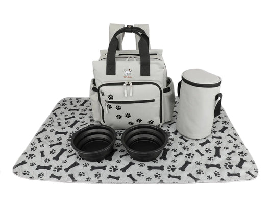 Dog Travel Bag - Dog Backpack Organizer - Pet Travel Kit Airline Compliant - Includes Large Pad Food Canister and Bowls (Gray Paw Prints)