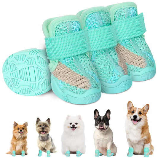 SlowTon Dog Shoes for Small Size Dogs - Soft Rubber Sole Dog Boots & Paw Protector for Summer Hot Pavement Winter Snow Rain Breathable Dog Booties for Outdoor Walking Indoor Hardwood Floor (Green5)
