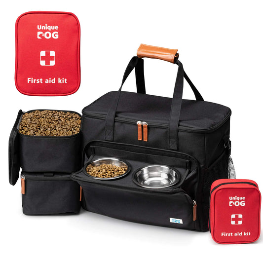 Unique Dog Travel Bag - Dog Traveling Luggage Set for Dogs Accessories - Include Pet First Aid Bag with Case Tags Elevated Bowl Stand 2X Food Storage Containers 2X Dog Stainless Steel Bowls.