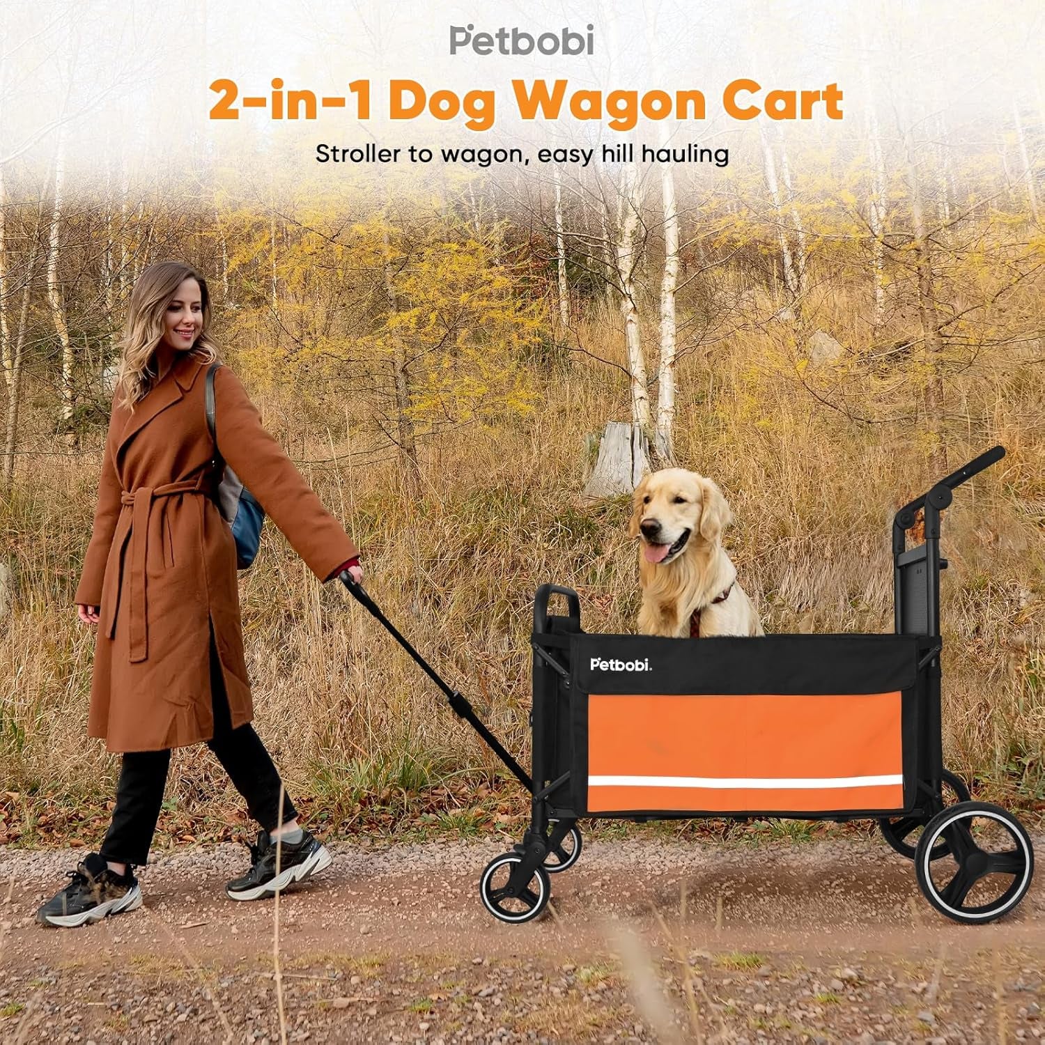 Ultimate 2-in-1 Dog Wagon Stroller for Large & Medium Dogs - Foldable All-Terrain Cart with Ramp & One-Step Brake for Outdoor Adventures - Vibrant Orange
